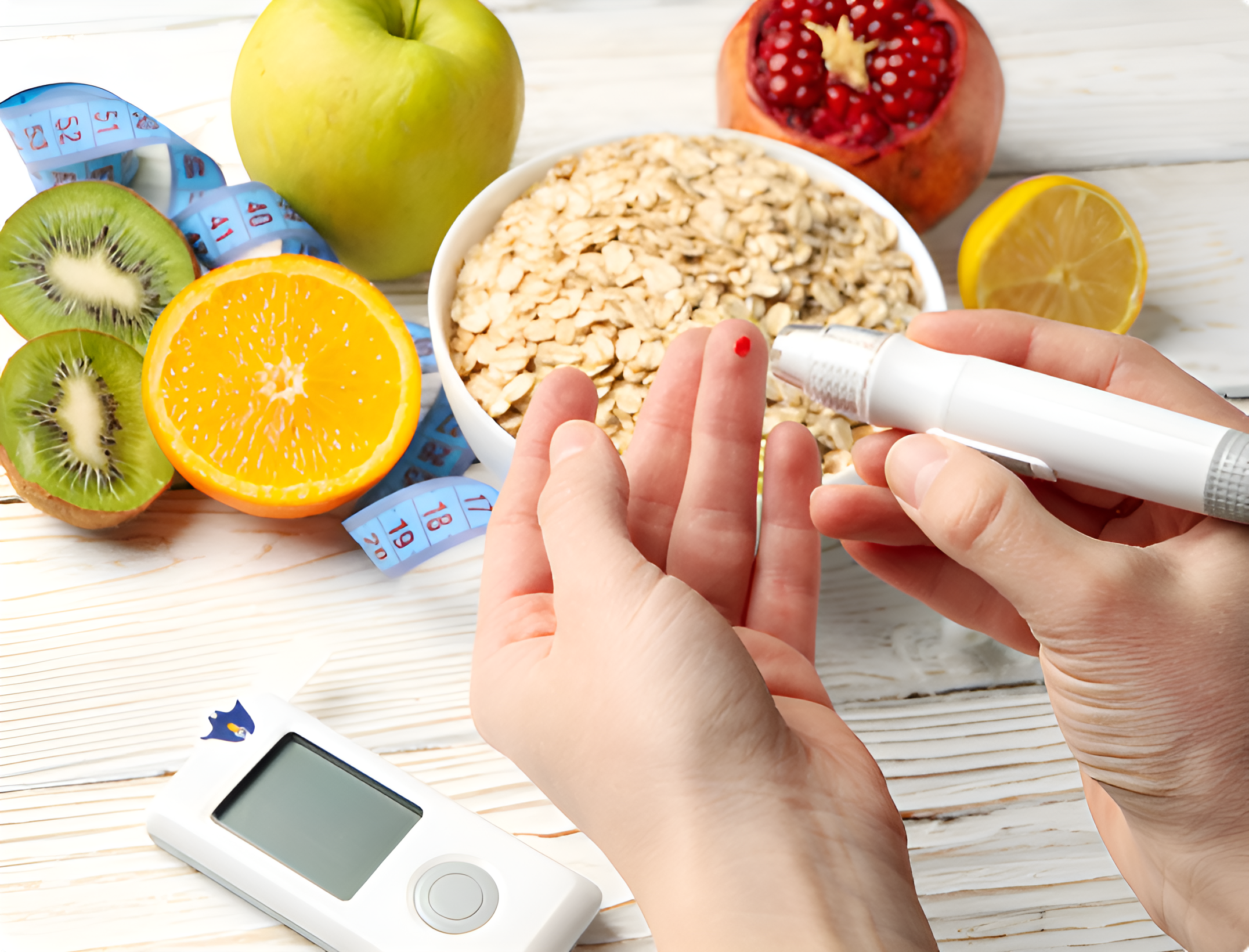 Healthy lifestyle items including fruits, oatmeal, and glucose meter